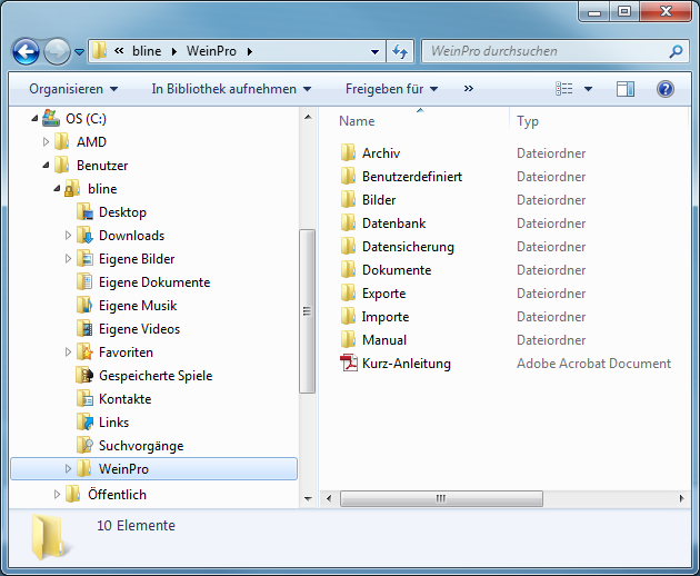 Installationsverzeichnis für WeinPro unter Windows 7